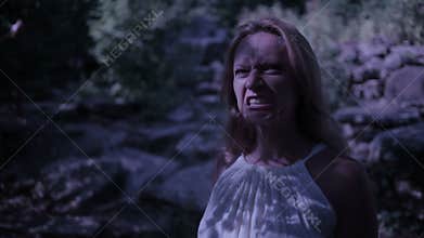 Witch in forest at night. Vampire Rocks. ghost. Fantasy and gothic. halloween