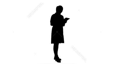 Silhouette pretty female doctor with stethoscope glad to get a good results using digital tablet.