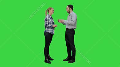 Couple of lovers stand, talk, laugh on a Green Screen, Chroma Key.