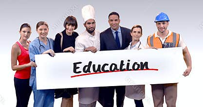 Various professional holding placard of education text