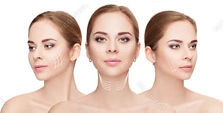 woman faces with arrows over white background. Face lifting con