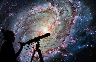Girl looking at the stars with telescope. Messier 83