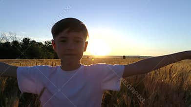 Little boy running cross the wheat field at sunset. Slow motion