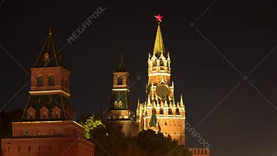The Moscow Kremlin at night. The Spasskaya Tower