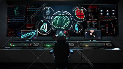 Human medical care center, main control room, humanoid, Scanning Brain in digital display dashboard. X-ray view