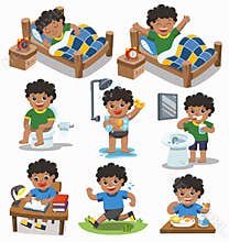 The daily routine of African american boy on a white background.