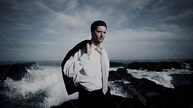 Businessman Relaxation Confusion Coastline Vacation Concept