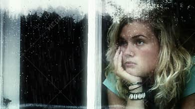 Longing girl a rainy day