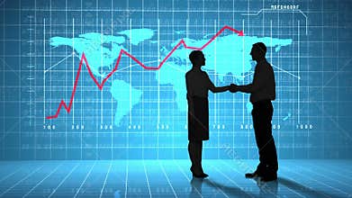 Business people shaking hands in front of global business interface