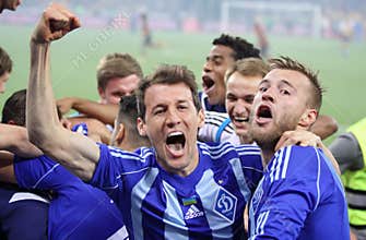 Football players celebrate the victory