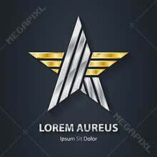 Silver and Gold star logo. Award 3d icon. Metallic logotype temp