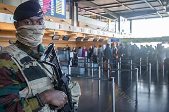 Belgian anti terror soldier on Charleroi Airport in Belgium
