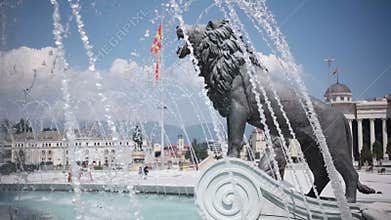 SKOPJE MACEDONIA - JULY, 2015: Lion statues under Alexander the Great Monument in Skopje - Macedonia,