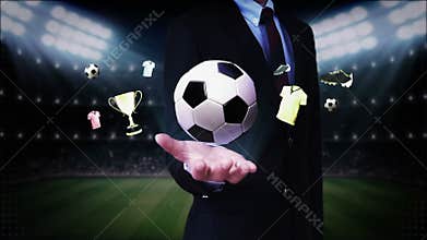 Businessman open palm,Soccer ball icon, football animation.