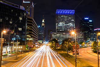 Long Exposure of the Inner Harbor at Night Time in Baltimore, Ma