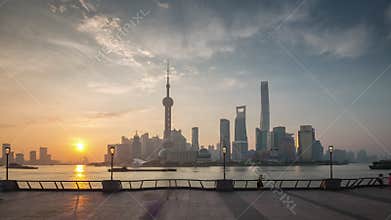 Sunset shanghai city river bay downtown view panorama 4k time lapse china