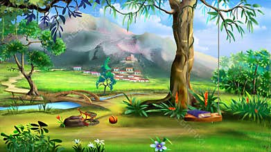 Fairy Tale Background with Swings and Small Bridge Over the Rive