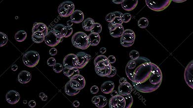 A Lot of Beautiful Soap Bubbles flying on black background. HD 1080