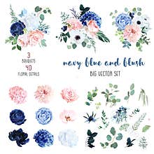 Classic navy blue, white, blush pink rose, hydrangea, ranunculus, orchid