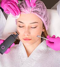 Close up of the beautiful face of a young woman. Many hands holding cosmetology tools near face of a patient