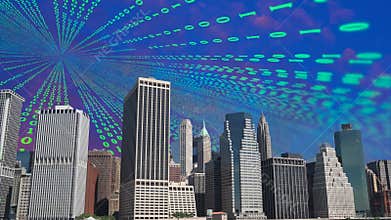 Abstract animation with moving digital numbers in sky behind skyline