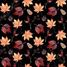 Watercolor hand painted seamless pattern with autumn leaves, alder branches, cones and rose hip beries on black background.