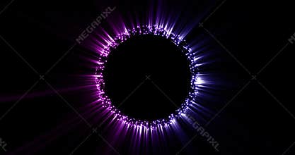 Purple and blue shiny circle on a dark background. Glitter emitting light. Shining object with glitter. Smooth animation.