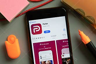 New York, USA - 29 September 2020: Parler mobile app logo on phone screen close up, Illustrative Editorial