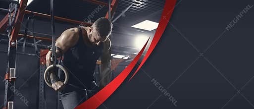 The male athlete training hard in the gym. Fitness and healthy lifestyle concept. Flyer.