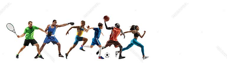 Sport collage of professional athletes or players isolated on white background, flyer