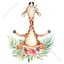 Cute watercolor geraffe with tropical flowers in yoga position