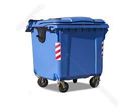 Blue plastic garbage bin