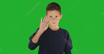 Deaf boy signing I know sign language, communication for hearing impaired. Green screen