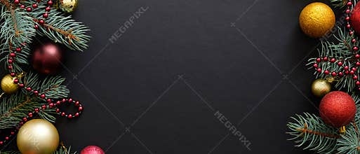 Christmas banner. Black Xmas background with fir tree branches, golden and red balls, garland. Christmas frame, greeting card