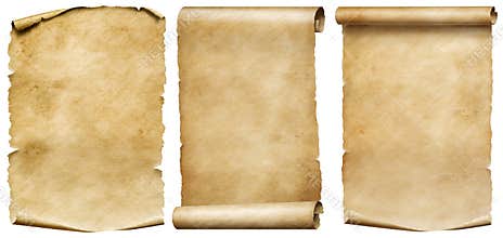 Vintage scrolls or parchment manuscripts set isolated on white