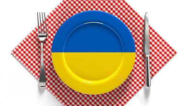 National dishes of Ukraine. Delicious recipes from Europe. Flag on a plate with food from Ukraine.