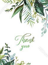 Watercolor floral illustration - green leaves frame / border, for wedding stationary, greetings, wallpapers, fashion, background