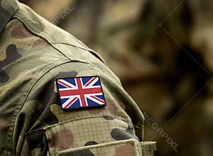 Flag of United Kingdom on military uniform. UK Army. British Armed Forces, soldiers. Collage
