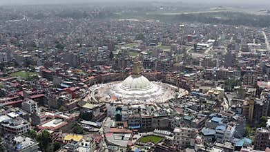 Nepal, Kathmandu. Boudhanath stupa. Aerial footage