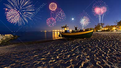 Happy New Year fireworks over Baltic Sea