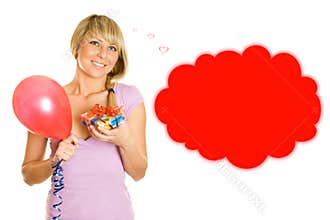 Young woman with balloons and gift box