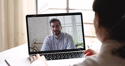 Friendly distance coworkers video conference calling online by web cam