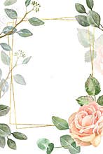 Watercolor floral frame template with geometric gold border and lush pink roses and green eucalyptus leaves on white background.