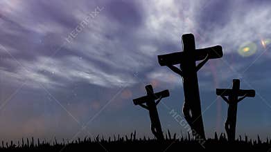 Animation of silhouettes of three Christian crosses With cloudy sky in background