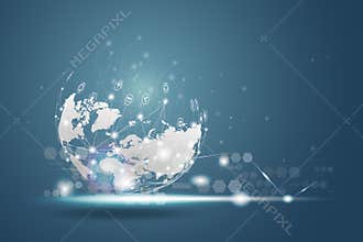 Technology wireless network globe communications system with world map