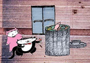 Fine Alley Cat Dining Whimsical Illustration