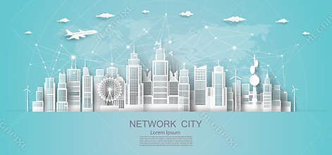 Modern economic technology city network in downtown skyscraper background