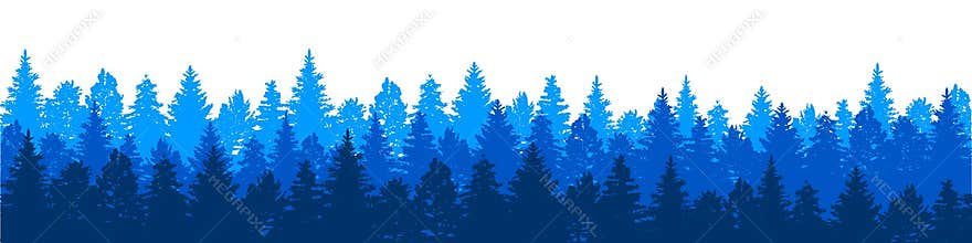 Forest nature landscape panorama view, group of blue trees silhouettes background. Set of pines, spruce and Christmas Tree