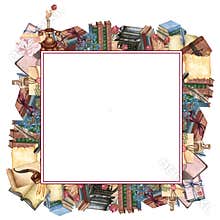 Watercolor book frame, education art library, bookshelves hand drawn illustration. Square frame with books. Back to