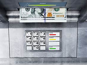 Automatic teller machine ATM with dollar bankroll. 3D illustration
